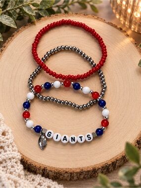 New York Giants Inspired Beaded Bracelet Stack | Handmade Stretch Bracelet Set
